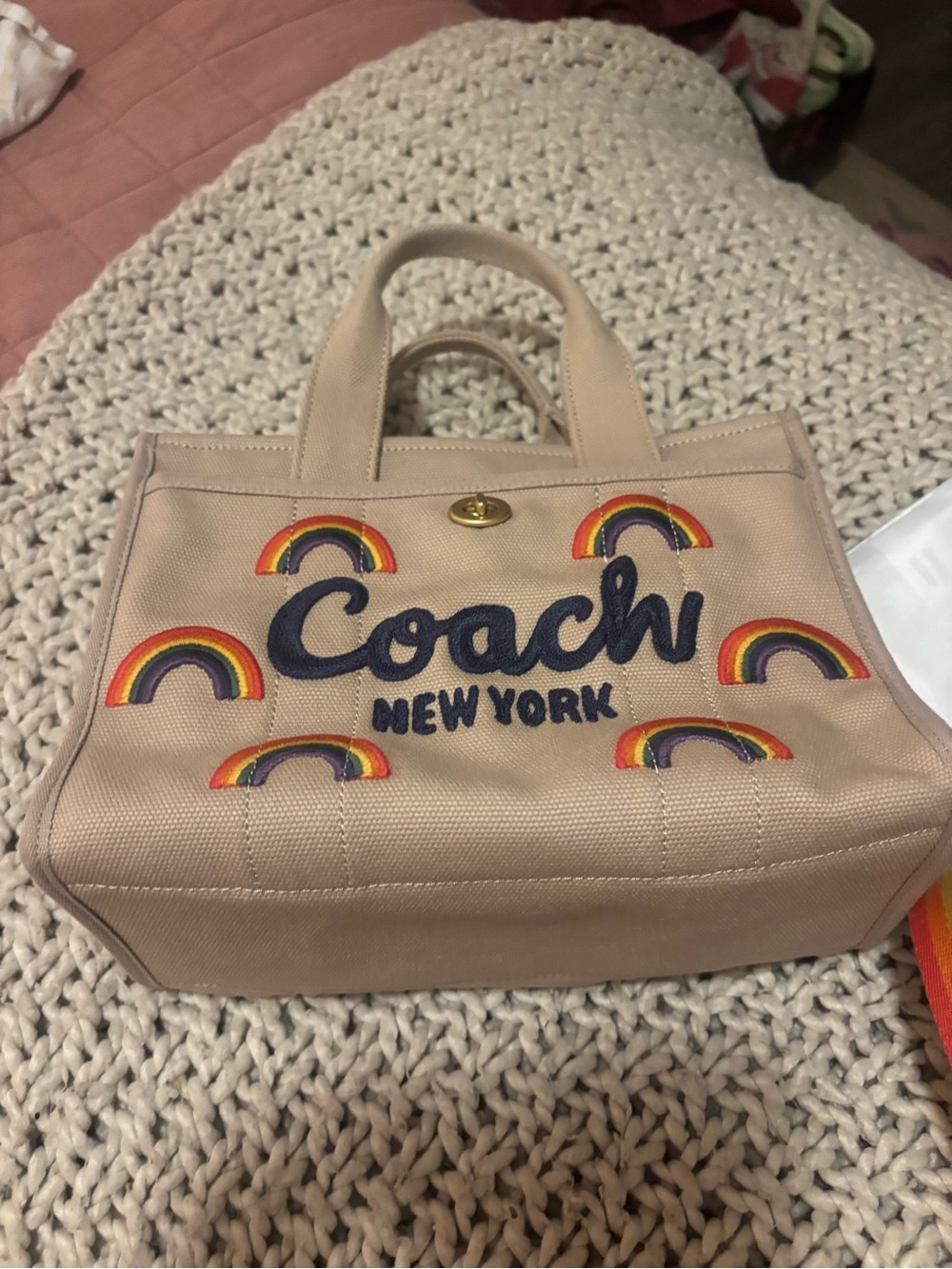 Coach Beige Canvas Tote with Rainbow Appliqués and Striped Strap - Picture 2 of 11